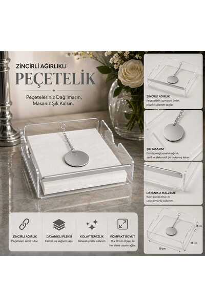 EVİNİZİNRİTMİ Pleksi Peçetelik Zincir Ağırlıklı Yuvarlak Motif Altın/ Gümüş D...
