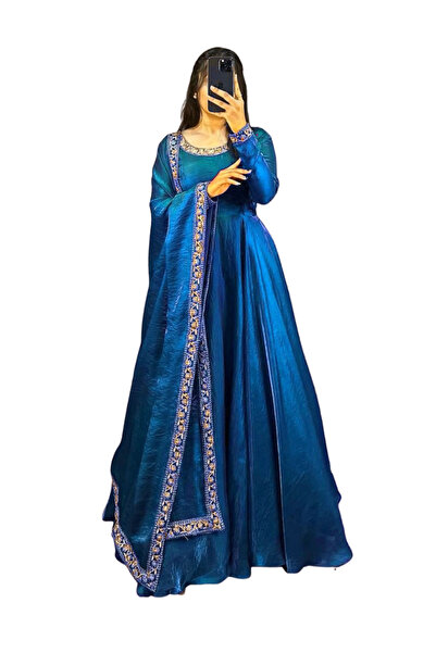 MYSMAR Blue Fendy Silk Gown With Dupatta - FFT7345-Blue-Size-XL-42-Inches