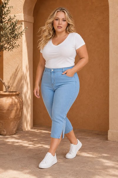 Burcumay Women's Plus Size Light Blue Lycra Stone Detailed Tencel Denim Capri Bermuda Trousers