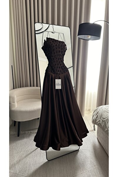 Nareen Fashion فستان سهرة فاخر بلون بني شوكولاتة غامق