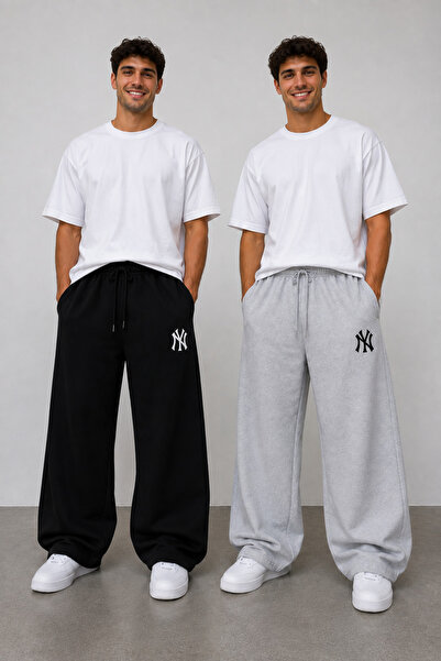 yx yustex sport مجموعة من 2 بنطلون رياضي رجالي مطبوع عليه NY (أسود-رمادي) ذو ...