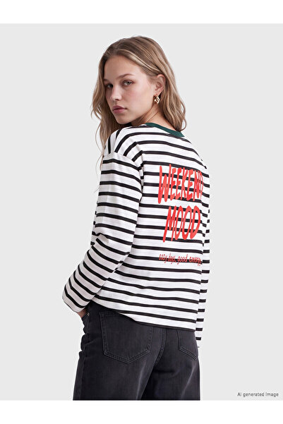 LC Waikiki Black Striped Cotton Women's T-Shirt