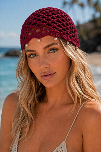 TOM COMPANY Burgundy-Pearl Embroidered Knitted Bohemian Hair Accessory Mesh S...