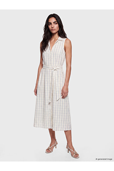 LC Waikiki Blue Plaid Belted Shirt Dress