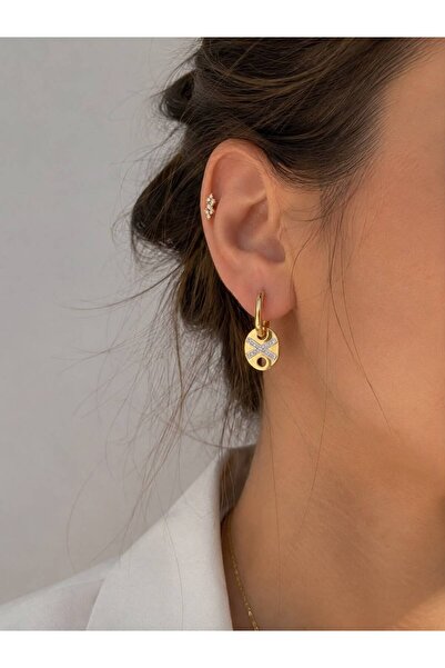 Valmont Gold Color Geometric Medallion Zircon Stone Hoop Women's Earrings