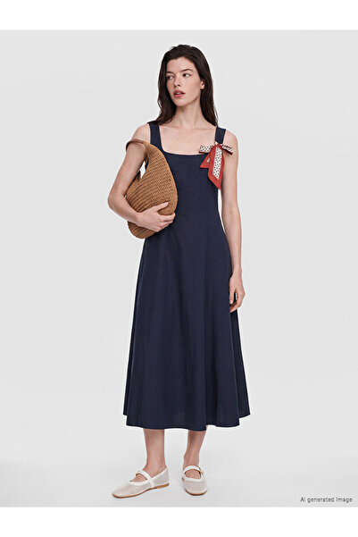 LC Waikiki Navy Blue Square Neck A-Line Dress with Scarf Detail