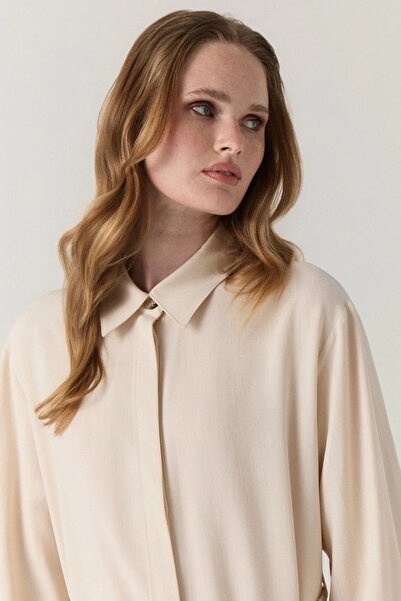 Zühre Belted Button Detailed Flowy Beige Tunic 1653