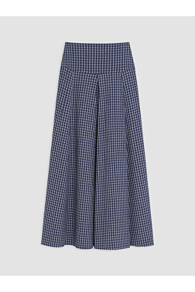 LC Waikiki Navy Blue High Waist Plaid A-Line Skirt