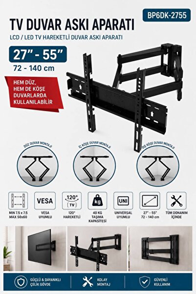 Zibox 27-55 Inç Uyumlu Hareketli Tv Askı Aparatı Çift Kollu 40 kg Taşıma Kapa...