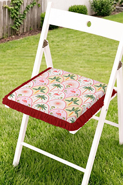 Realhomes Flamingo and Palm Tree Patterned Fringed Zippered Chair Cushion - T...