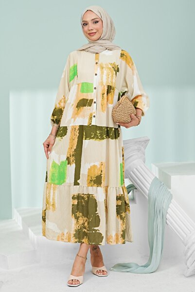 İmajButik Green Half Buttoned Sleeves Elastic Skirt Layered Viscose Dress
