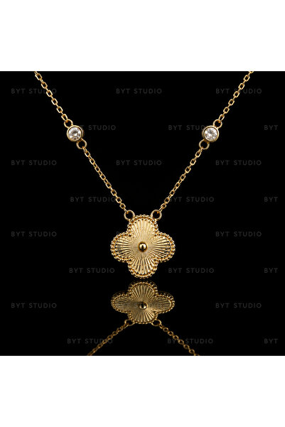 14K Altın Kaplama 316L Çelik Yonca Kolye Zirkon Taşlı Kararmaz Suya Dayanıklı Gold Kadın Kolye 40+5 cm