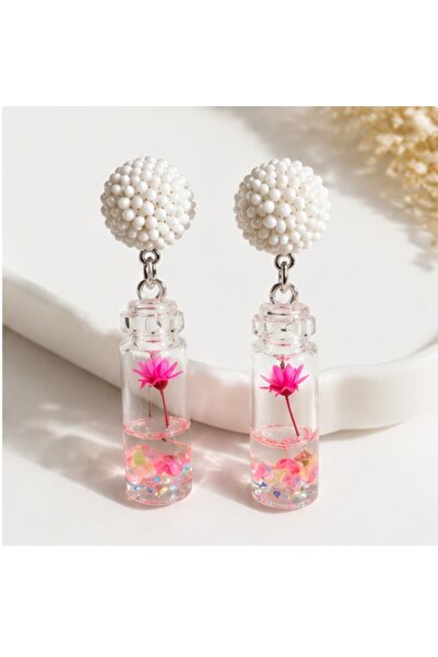 MK Creations Elegant White Beaded Floral Bottle Resin Earrings