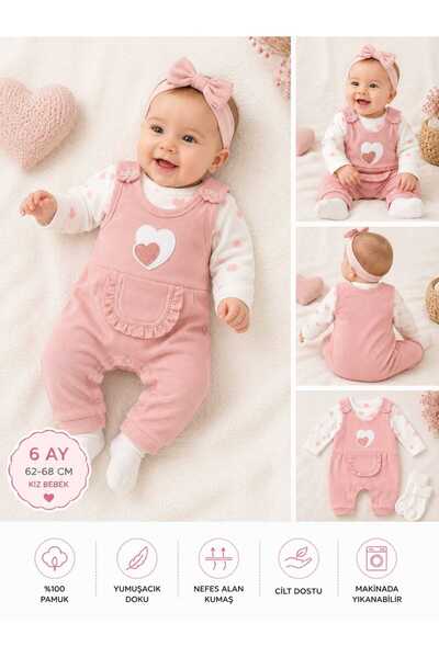 Lino Baby Pembe Kalp Desenli Kız Bebek 2'li Salopet Takım