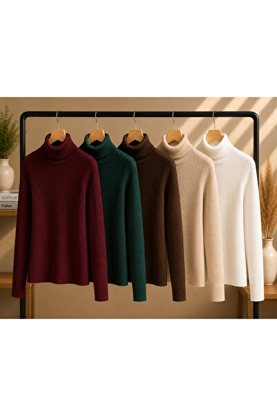 DepoExport Women's Body-Fitting Turtleneck Ribbed Knit Sweater