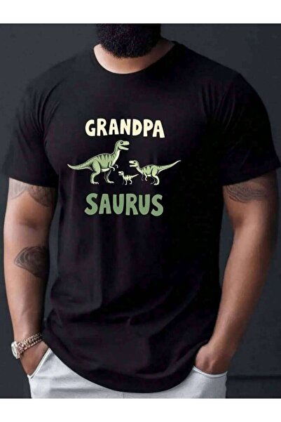 25W Men'S Black Graphic T-Shirt - "Grandpa Saurus" Print, Casual Crew Neck, S...