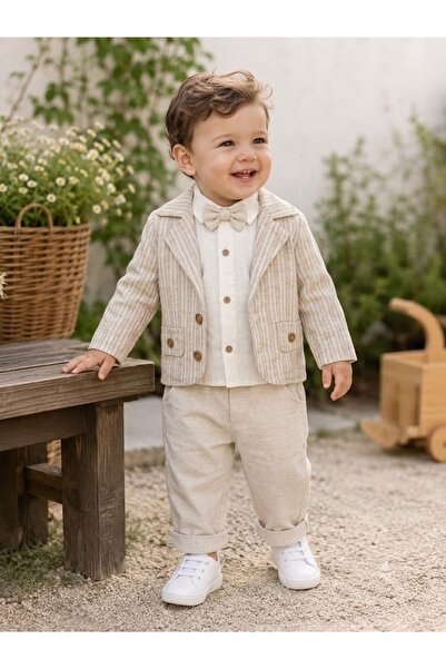 PARK BEBE Boys' Striped Linen Jacket Set with Bow Tie & Shirt, 3-Piece Specia...