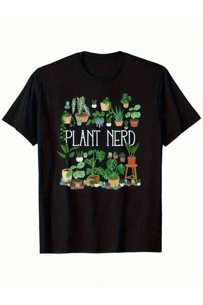 KYMC07 تي شيرت فضفاض بتصميم رسومي مضحك، قميص ناعم مع نص جريء 'PLANT NERD'، طب...