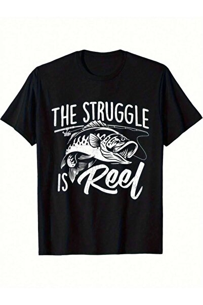 799 تي شيرت رجالي بتصميم The Struggle Is Reel، مقاس كبير، برقبة دائرية وأكمام...