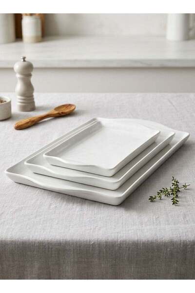 Trust 3-Piece Melamine Rectangular Serving Tray Set White, Small Size 40cm, M...