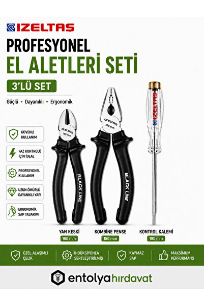 İzeltaş Black Line Yan Keski Kombine Pense Kontrol Kalemi Seti