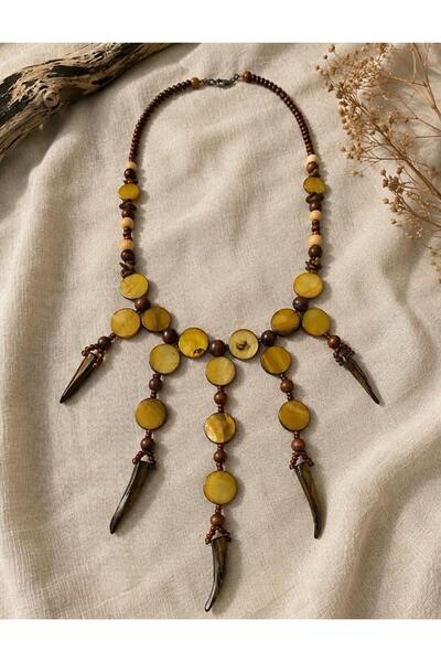 Canan Design Bohemian Authentic Tiger's Teeth Mother of Pearl Wooden Bead Necklace Gray (Special Design) 55cm
