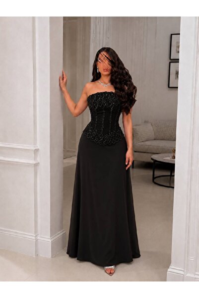 Calissa Store Black Evening Dress with Embroidered Corset Cut