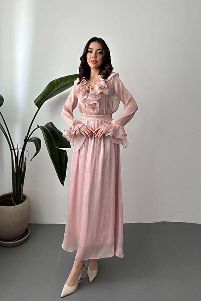 Clothes Fast طقم تنورة نسائية من قماش البودرة بياقة مكشكشة وأكمام طويلة وخصر ...