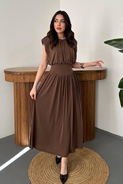 Clothes Fast فستان نسائي بني اللون مع تنورة، ياقة دائرية، خصر مطاطي، تصميم مي...