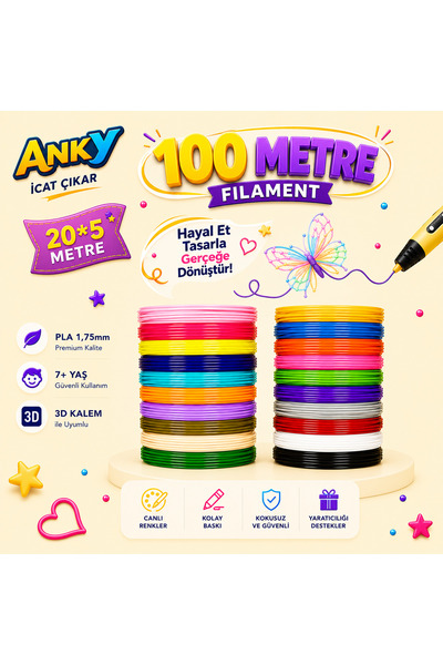 ANKYLON Anky 3d Pen Filament İpla 1.75mm Pla 20 Renk X 5 Metre 3 Boyutlu Kale...