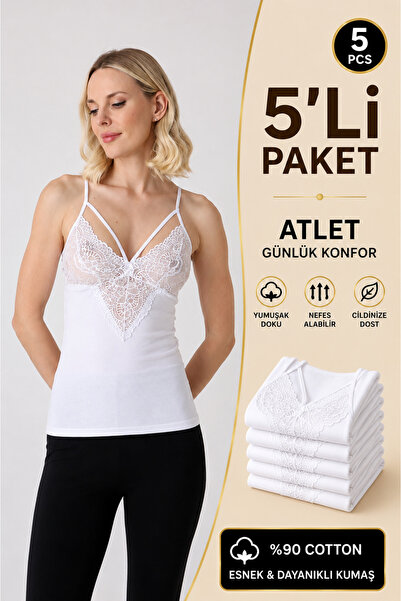 Altınay Women's 5-Pack Lace Detailed String Strap Tank Top - 90% Cotton