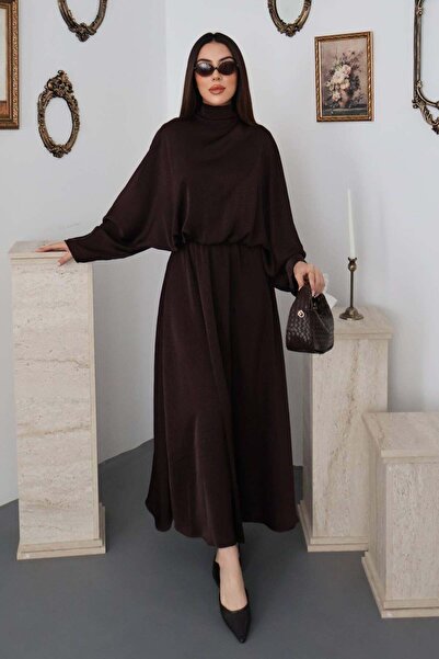 Clothes Fast فستان نسائي من الساتان الجاكار باللون البني، ياقة عالية، أكمام خ...