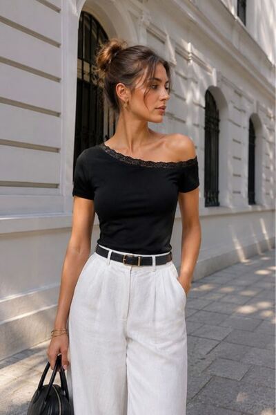 Clothes Fast Women's Black Lace Detailed Boat Neck Ribbed Short Sleeve Slim B...