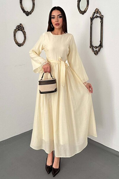 Moda Days Women's Yellow Long Sleeve Lace Cuff Belted A-Line Maxi Dress