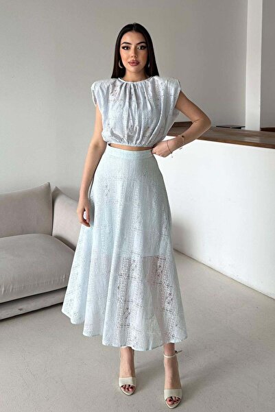 Clothes Fast Γυναικεία Μπλε Μπλούζα με Φούστα, Διάτρητη Μπλούζα με Υφή, Ψηλόμ...
