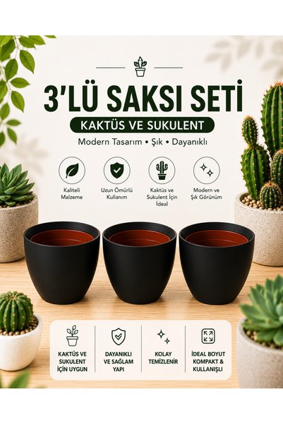 kolyosmarket 3'lü Dekoratif Siyah Saksı Seti 5.5 cm Kaktüs ve Sukulent Üretim...