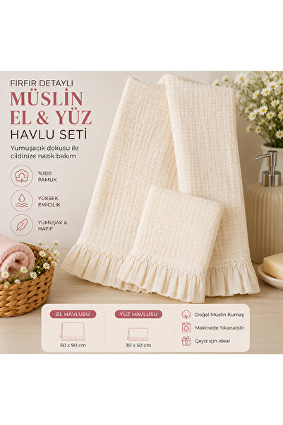 Nurala Home Fırfır Detaylı 4 katlı Müslin El ve Yüz Havlusu Seti – %100 Pamuk...