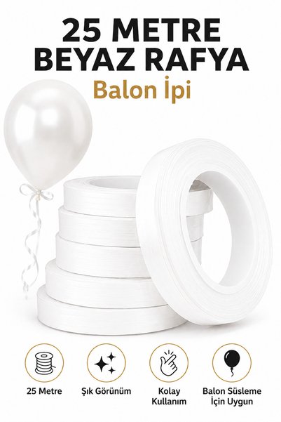 Organizasyon Pazarı Beyaz Rafya 25 Metre - Balon İpi ve Hediye Paketi Süsleme...