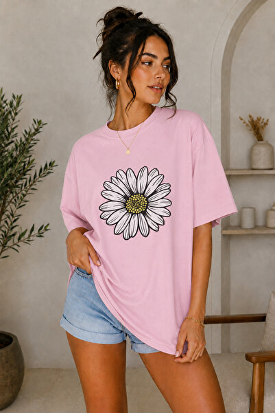 FECCY Premium Large Daisy Printed Oversize Γυναικείο T-Shirt Βαμβακερό Oversi...