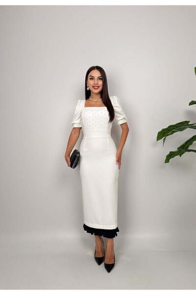 Moda Days Women's White - White Pearl Detailed Square Neck Balloon Sleeve Pen...