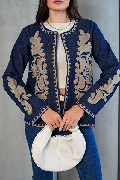 FancyWorld Desenli Nakış İşlemeli Vintage Kot Denim Premium Ceket