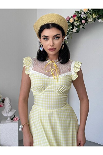Moda Days فستان ساري ميدي نسائي منقوش بياقة دانتيل وأكمام مكشكشة