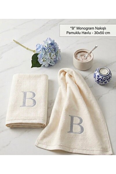 Denef Home Monogram Letter B Silver Embroidered Cotton Towel 30X50 cm