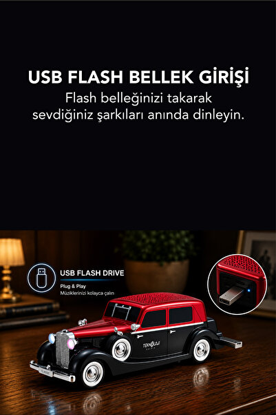 Teknoloji Gelsin Retro Bluetooth Hoparlör 10W Vintage Araba Tasarımlı FM Radyo USB TF Kart Destekli Tws Stereo