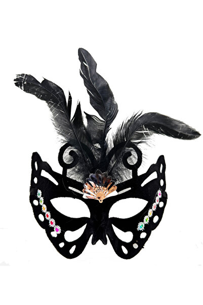 OSKA GLOBAL Black suede coated feathered butterfly figure party mask 24x18 cm
