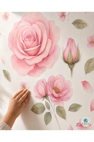 esatoys Pembe Güller Duvar Sticker Seti 100 × 30 cm – Çocuk ve Genç Odası Dekorasyonu