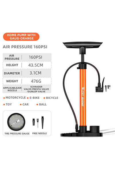 Choice1 مضخة دراجات برتقالية من WEST BIKING بقوة 160PSI مع مقياس ضغط، مضخة در...