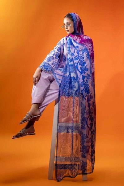 Bazm-A Fashion Atelier Relax Purple Kurti-Salwar-Stole 3 pcs Set