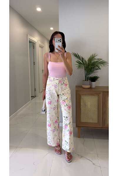 BİRCANÇİL Poles Bej Çiçek Desenli Gabardin Pantolon
