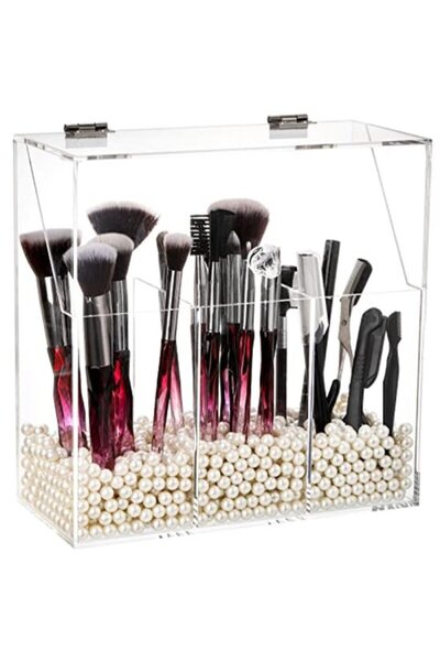 STARSTAR Transparent makeup brush holder with lid and white pearls - 3 adjust...